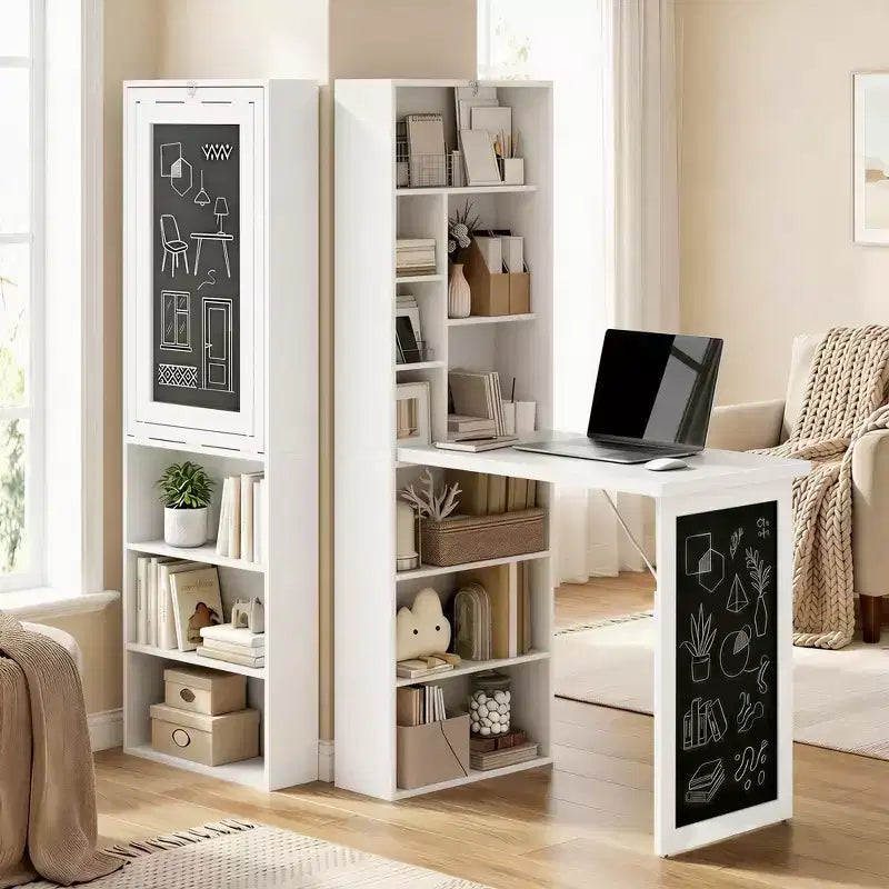 HOMCOM Mesa de Escritorio Plegable Convertiblet, Armario de Escritorio de Pared con Pizarra y Estante Lateral, Estación de Trabajo de Oficina en Casa Multifuncional