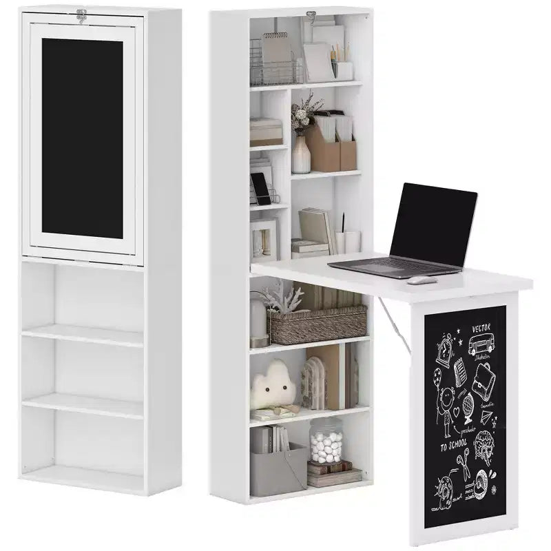 HOMCOM Mesa de Escritorio Plegable Convertiblet, Armario de Escritorio de Pared con Pizarra y Estante Lateral, Estación de Trabajo de Oficina en Casa Multifuncional