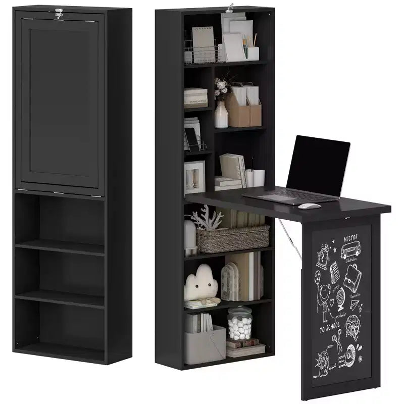 HOMCOM Mesa de Escritorio Plegable Convertiblet, Armario de Escritorio de Pared con Pizarra y Estante Lateral, Estación de Trabajo de Oficina en Casa Multifuncional