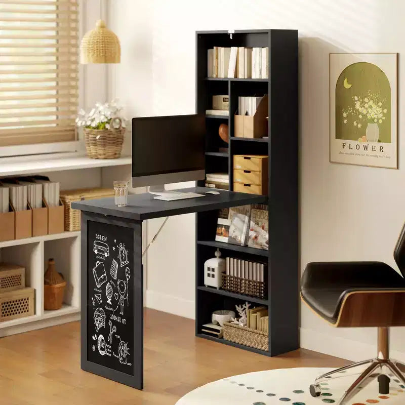 HOMCOM Mesa de Escritorio Plegable Convertiblet, Armario de Escritorio de Pared con Pizarra y Estante Lateral, Estación de Trabajo de Oficina en Casa Multifuncional