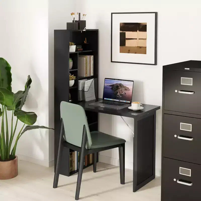 HOMCOM Mesa de Escritorio Plegable Convertiblet, Armario de Escritorio de Pared con Pizarra y Estante Lateral, Estación de Trabajo de Oficina en Casa Multifuncional