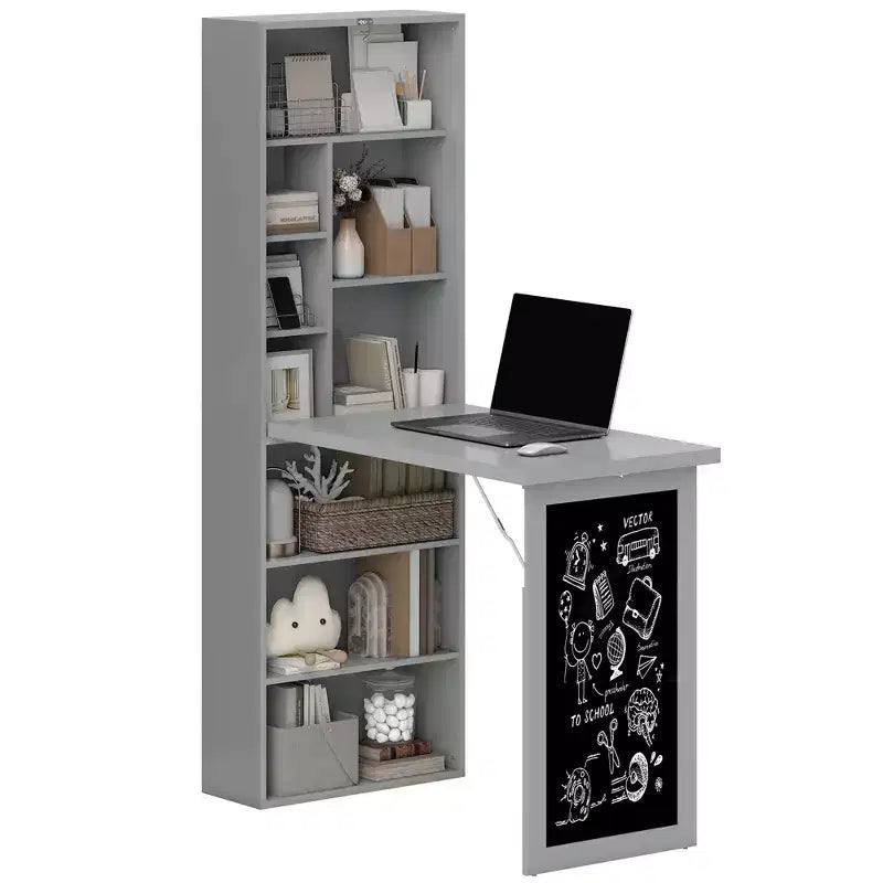 HOMCOM Mesa de Escritorio Plegable Convertiblet, Armario de Escritorio de Pared con Pizarra y Estante Lateral, Estación de Trabajo de Oficina en Casa Multifuncional