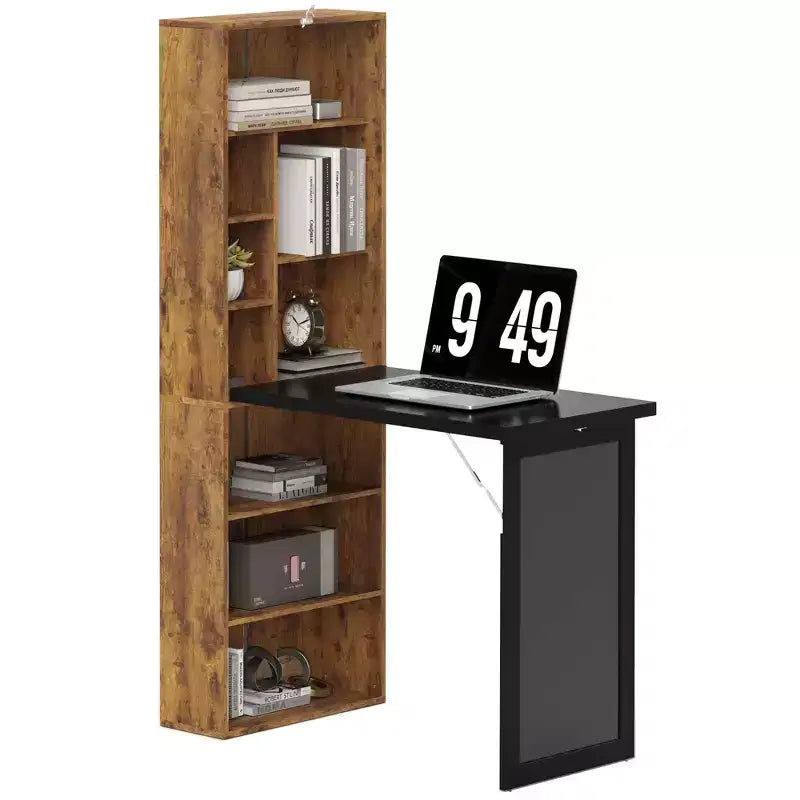 HOMCOM Mesa de Escritorio Plegable Convertiblet, Armario de Escritorio de Pared con Pizarra y Estante Lateral, Estación de Trabajo de Oficina en Casa Multifuncional