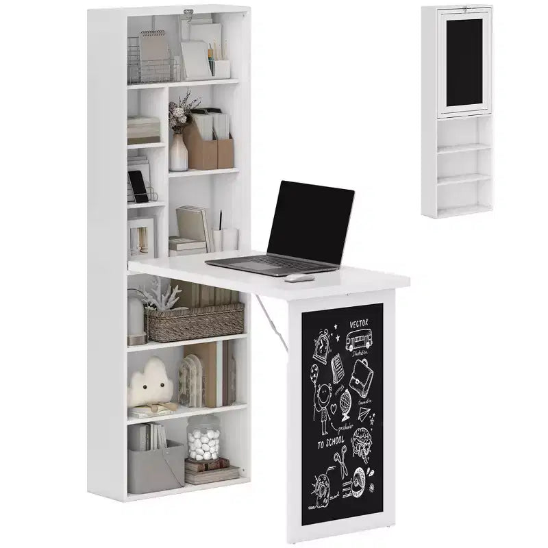 HOMCOM Mesa de Escritorio Plegable Convertiblet, Armario de Escritorio de Pared con Pizarra y Estante Lateral, Estación de Trabajo de Oficina en Casa Multifuncional