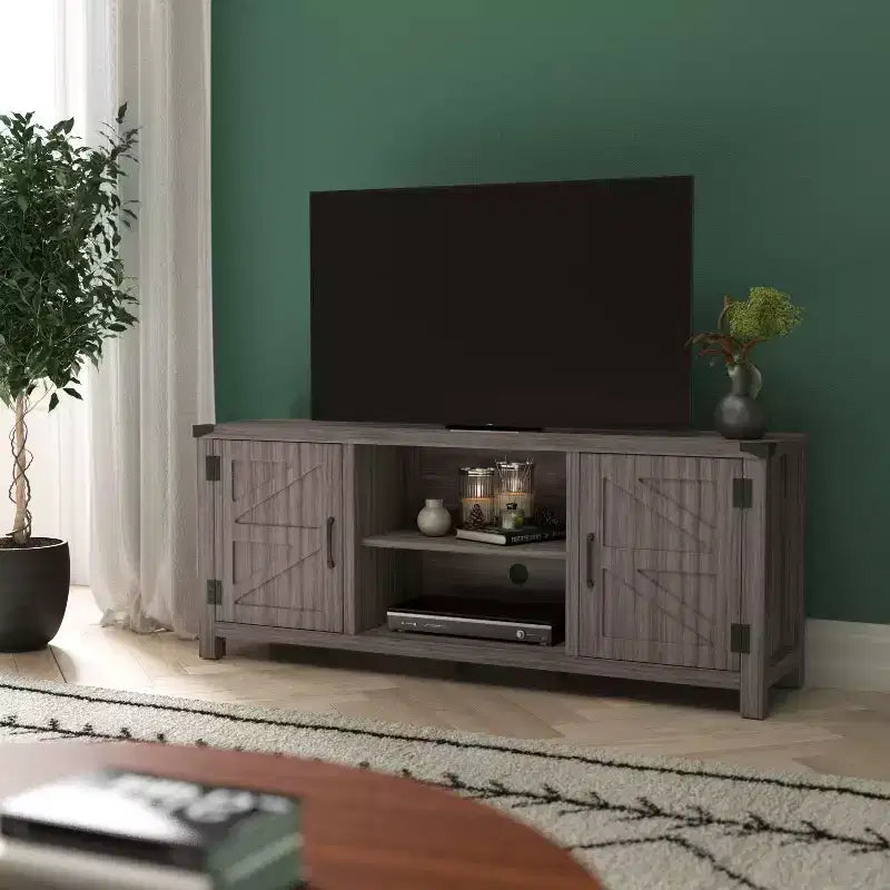 Emma y Oliver Mueble de TV con puerta corredera tipo granero de 59 pulgadas, para televisores de hasta 65 pulgadas, con estante ajustable