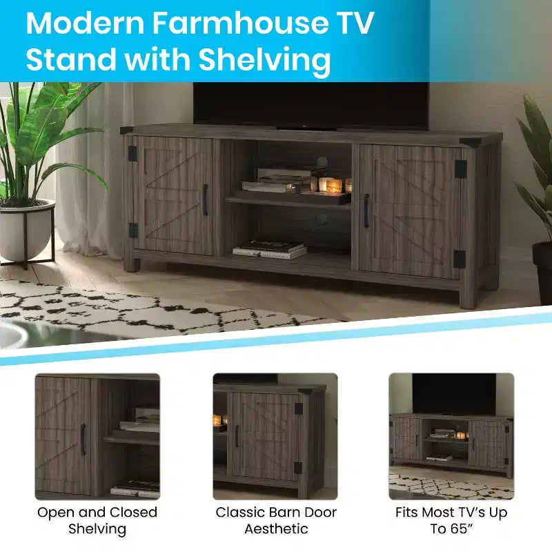 Emma y Oliver Mueble de TV con puerta corredera tipo granero de 59 pulgadas, para televisores de hasta 65 pulgadas, con estante ajustable