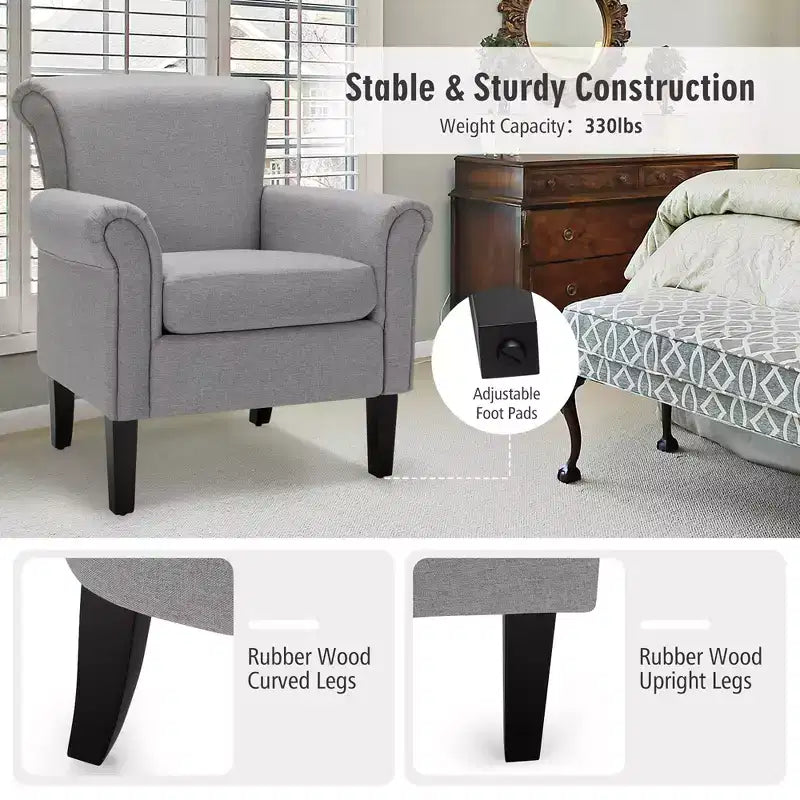 Costway Sillón decorativo moderno tapizado en tela con patas de madera de caucho Gris oscuro/Gris claro