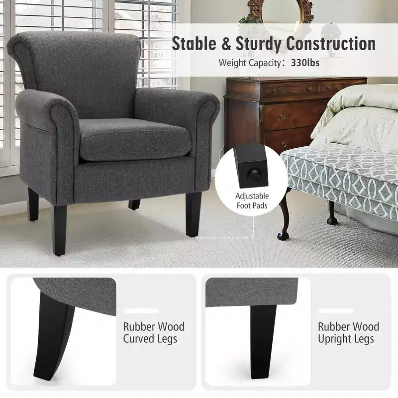Costway Sillón decorativo moderno tapizado en tela con patas de madera de caucho Gris oscuro/Gris claro