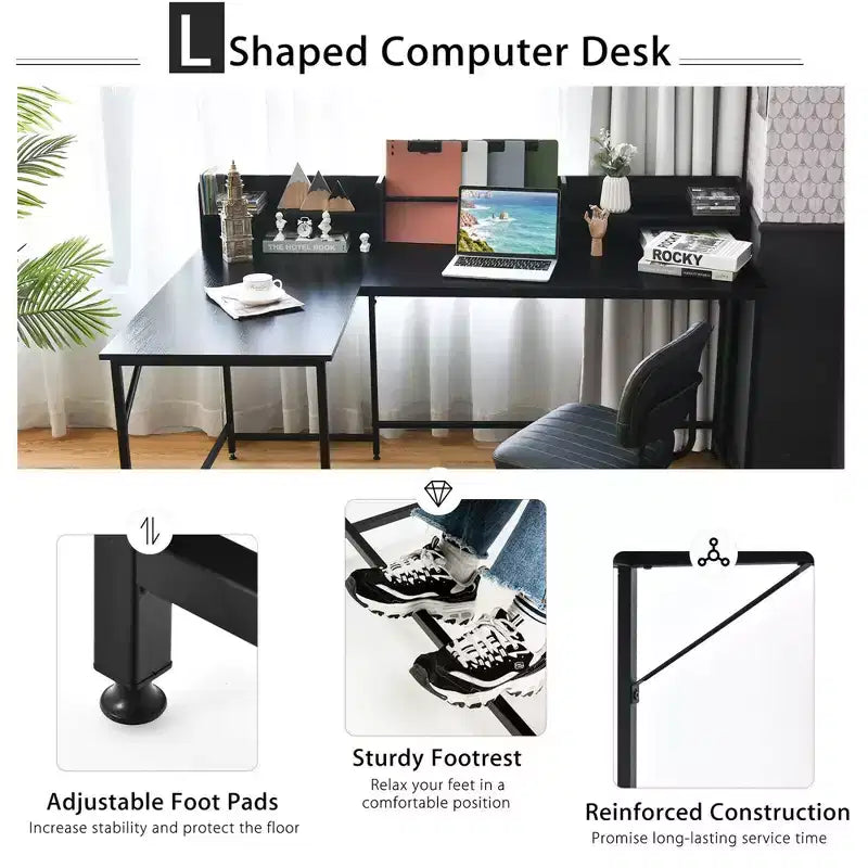 Escritorio de ordenador en forma de L de Costway de 166.37 cm, mesa esquinera para oficina en casa con estantería
