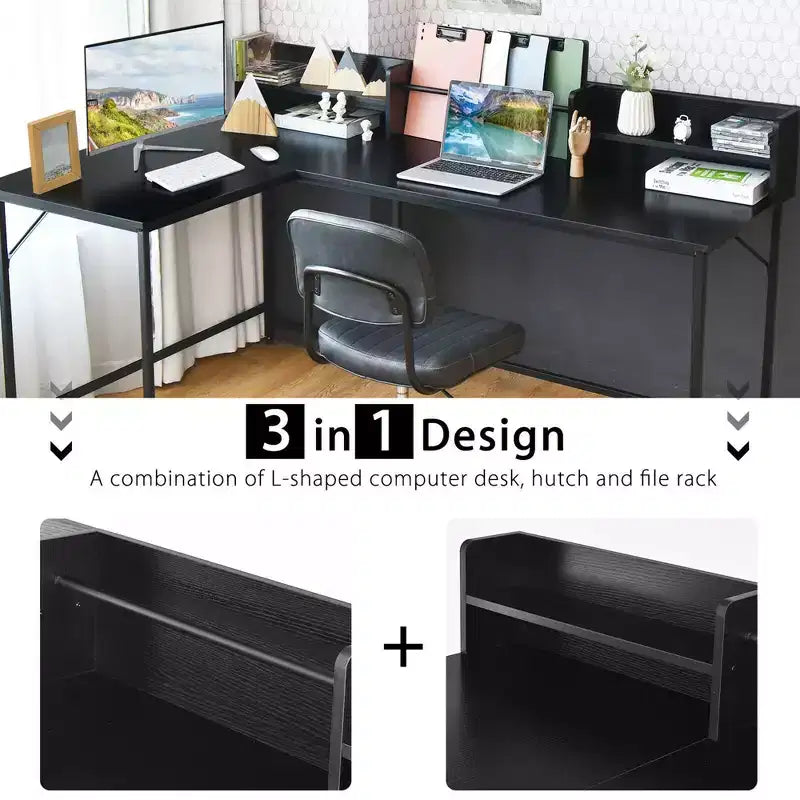 Escritorio de ordenador en forma de L de Costway de 166.37 cm, mesa esquinera para oficina en casa con estantería