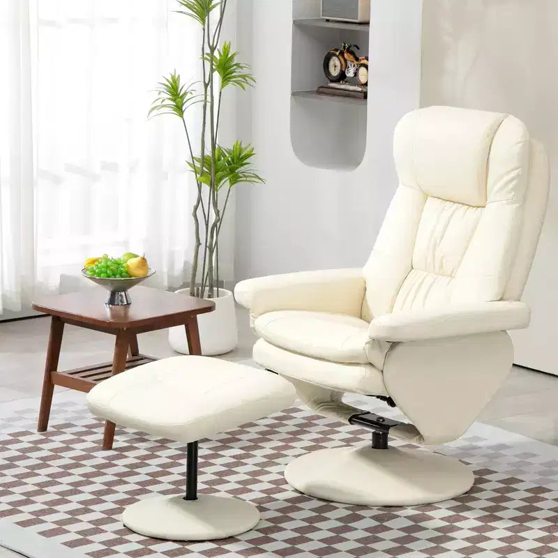 HOMCOM Sillón Reclinable Giratorio con Otomana, Sillón Reclinable de Cuero Sintético y Reposapiés con Base Envuelta para Sala de Estar, Dormitorio y Oficina en Casa