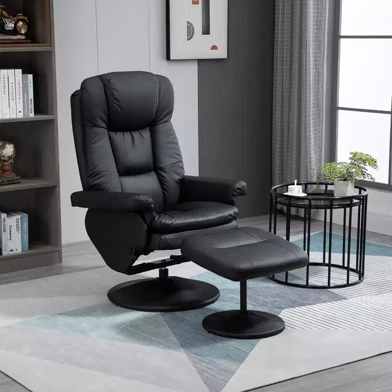 HOMCOM Sillón Reclinable Giratorio con Otomana, Sillón Reclinable de Cuero Sintético y Reposapiés con Base Envuelta para Sala de Estar, Dormitorio y Oficina en Casa