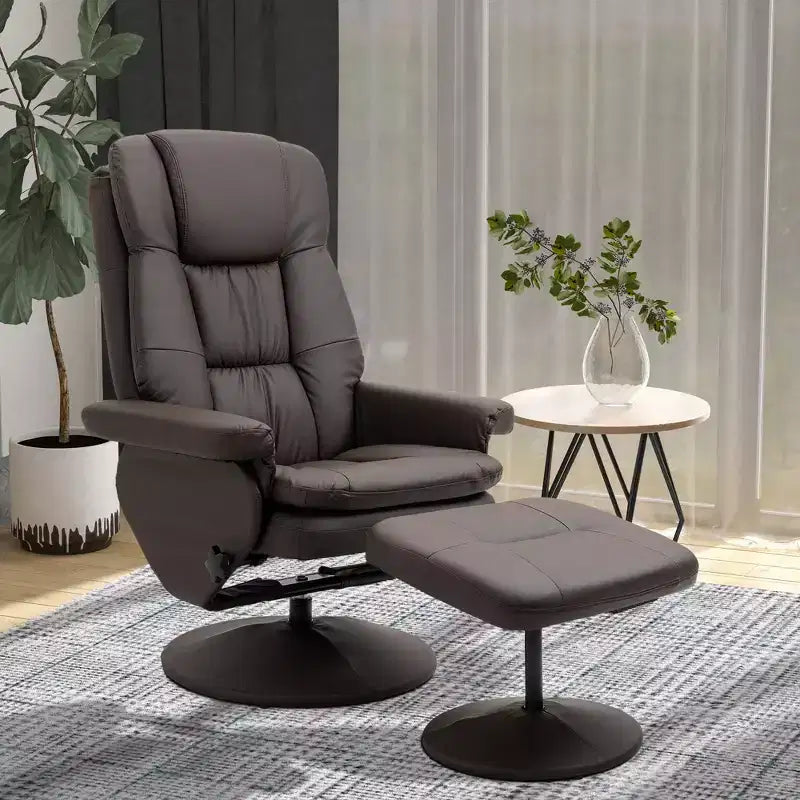HOMCOM Sillón Reclinable Giratorio con Otomana, Sillón Reclinable de Cuero Sintético y Reposapiés con Base Envuelta para Sala de Estar, Dormitorio y Oficina en Casa