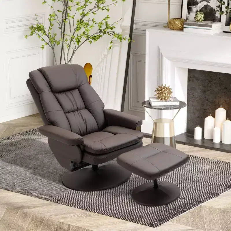 HOMCOM Sillón Reclinable Giratorio con Otomana, Sillón Reclinable de Cuero Sintético y Reposapiés con Base Envuelta para Sala de Estar, Dormitorio y Oficina en Casa