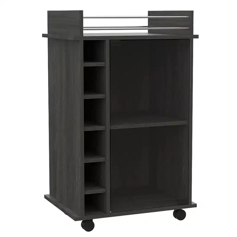 TUHOME Portable Dukat Wine and Liquor Bar Storage Display Cabinet Cart with Glass Door, 4 Wheels, 2 Shelves, and 6 Cubbies