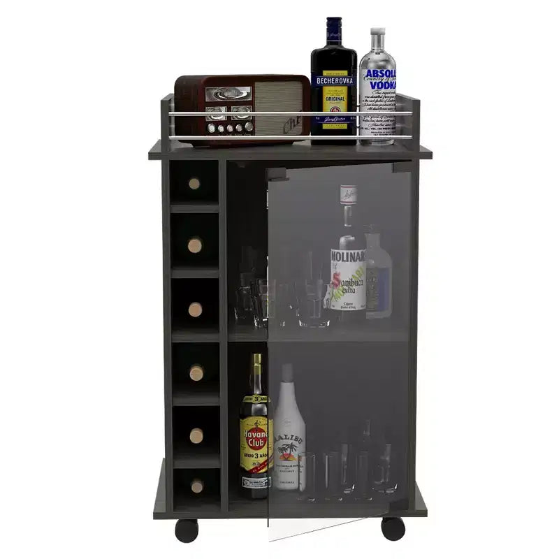 TUHOME Carrito de bar para vinos y licores Dukat, portátil, con puerta de vidrio, 4 ruedas, 2 estantes y 6 compartimentos