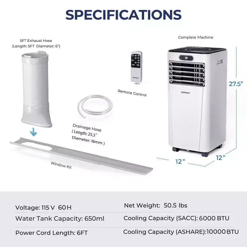 Costway 6000 BTU (10000 BTU ASHRAE) Portable Air Conditioner w/ Remote Control 3-in-1 Air Cooler w/ Drying