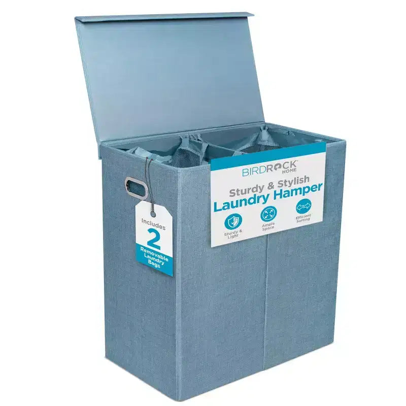 BirdRock Home Double Linen Laundry Hamper with Lid and Removable Liner - Light Blue