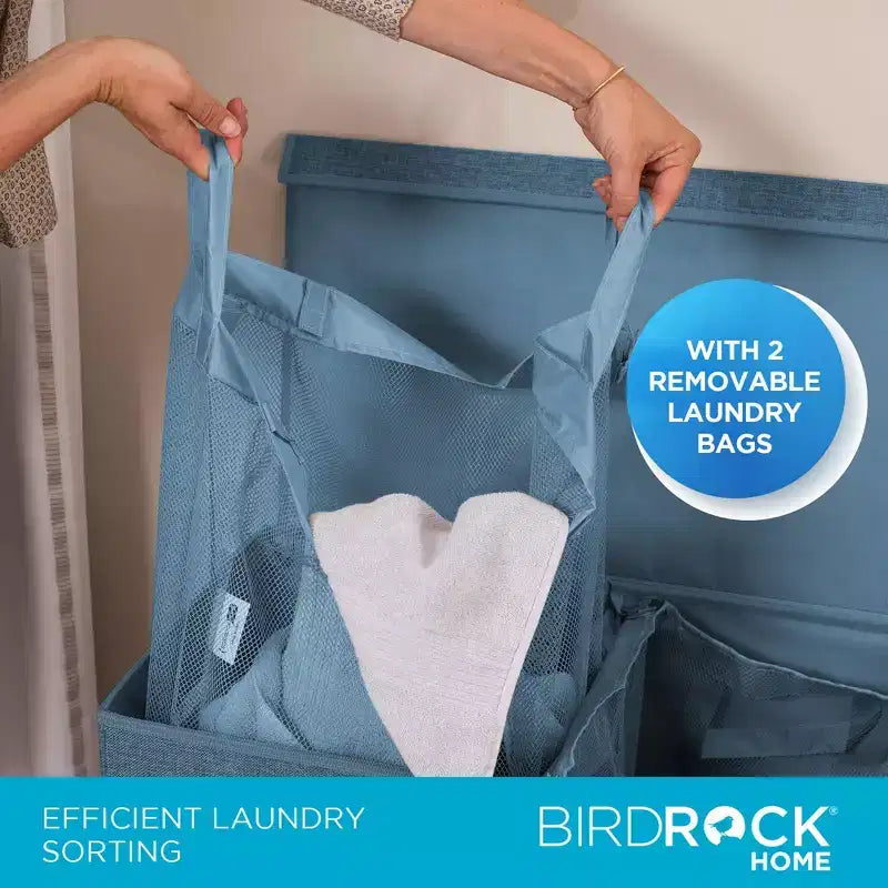 Cesto doble de ropa sucia BirdRock Home de lino con tapa y forro extraíble - Azul claro