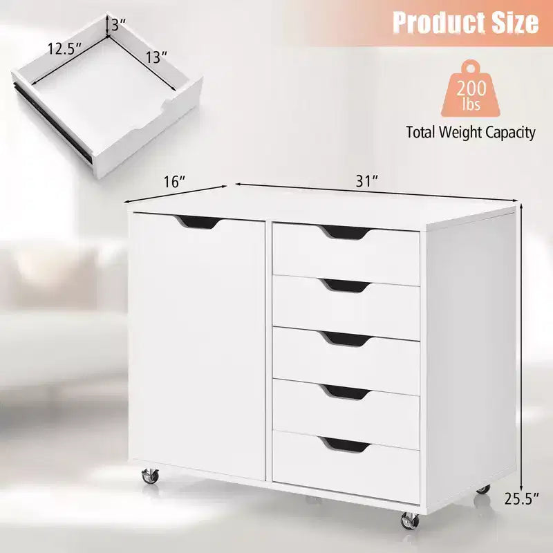 Cómoda de almacenamiento rodante de 5 cajones Costway, archivador lateral con estante ajustable