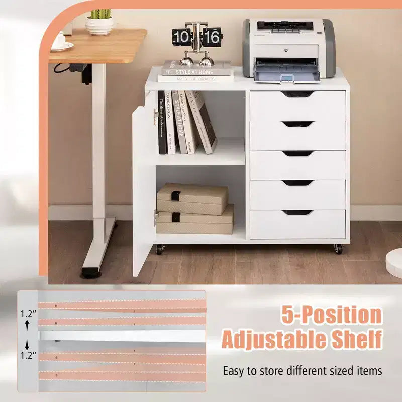 Cómoda de almacenamiento rodante de 5 cajones Costway, archivador lateral con estante ajustable