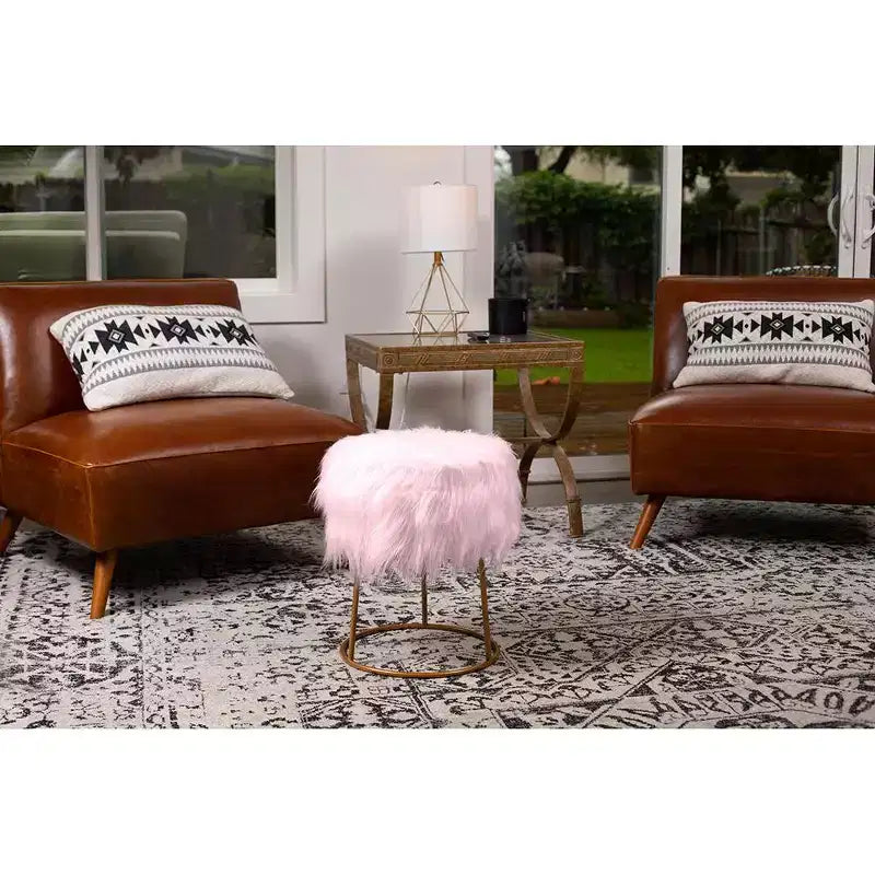 Taburete reposapiés otomano redondo de piel sintética rosa BirdRock Home con patas doradas pálidas