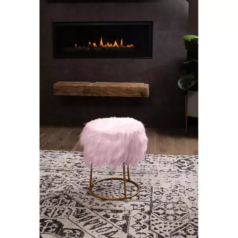Taburete reposapiés otomano redondo de piel sintética rosa BirdRock Home con patas doradas pálidas