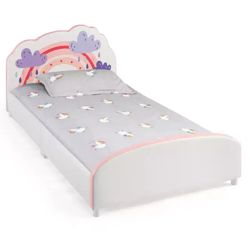 Cama de plataforma tapizada Costway para niños, tamaño individual, de madera, con diseño de arcoíris