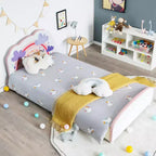 Cama de plataforma tapizada Costway para niños, tamaño individual, de madera, con diseño de arcoíris