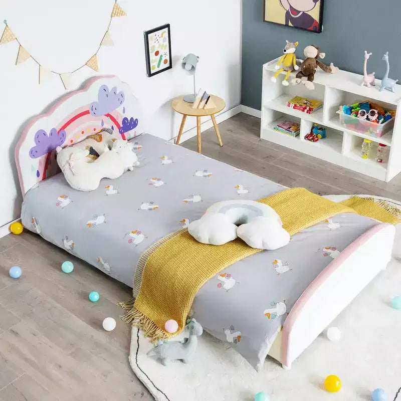 Cama de plataforma tapizada Costway para niños, tamaño individual, de madera, con diseño de arcoíris