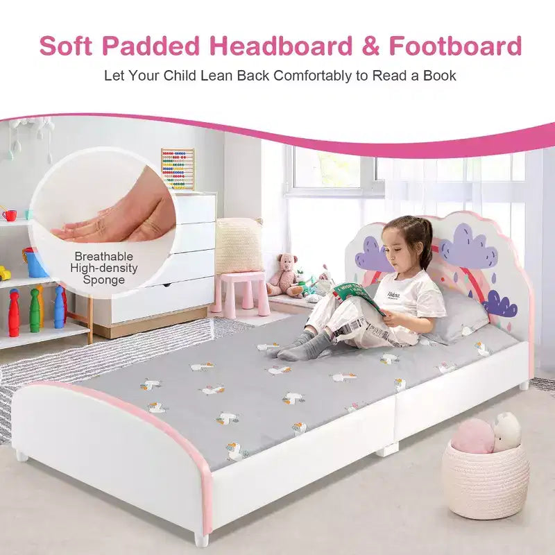 Cama de plataforma tapizada Costway para niños, tamaño individual, de madera, con diseño de arcoíris