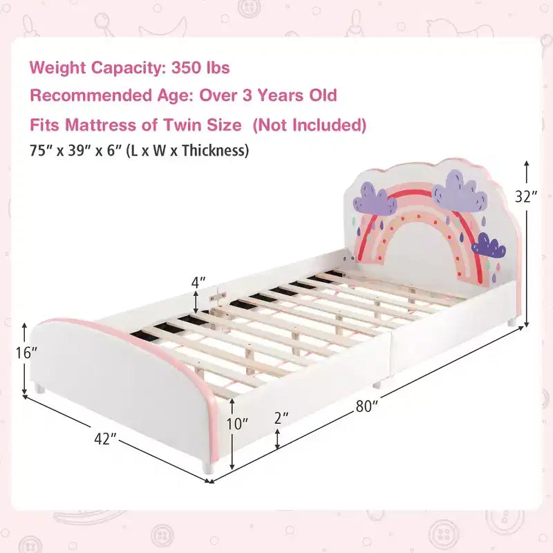 Cama de plataforma tapizada Costway para niños, tamaño individual, de madera, con diseño de arcoíris