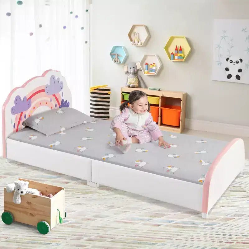 Cama de plataforma tapizada Costway para niños, tamaño individual, de madera, con diseño de arcoíris