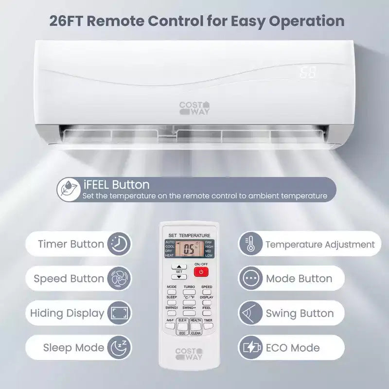 Costway 18000 BTU Mini Split Air Conditioner & Heater 19 SEER2 1250 Sq. Ft Coverage