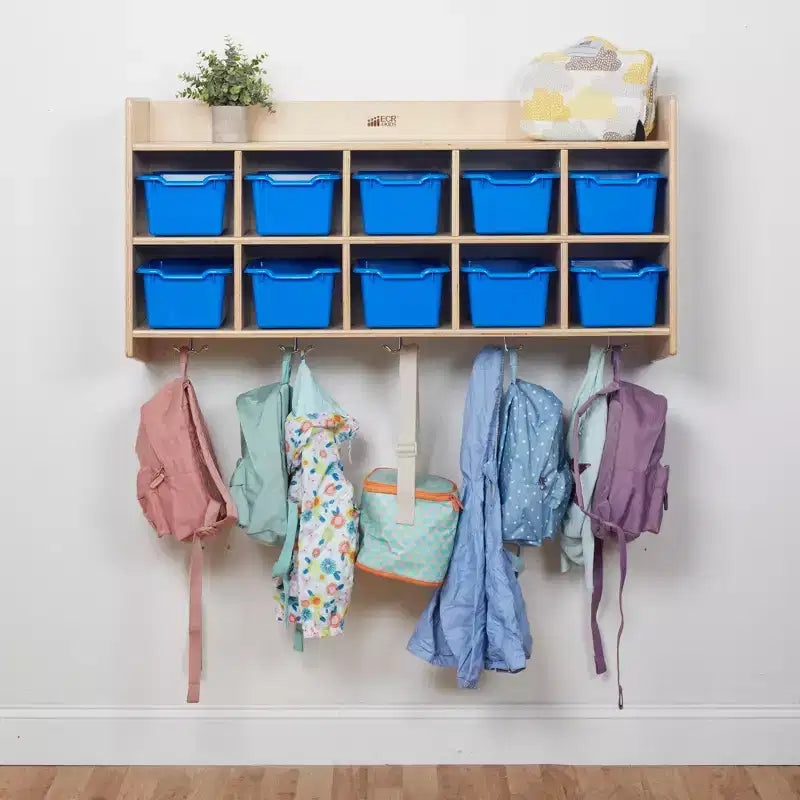 Casillero para abrigos colgante ECR4Kids de 10 secciones con estante y 10 compartimentos frontales tipo pala, almacenamiento tipo cubículo