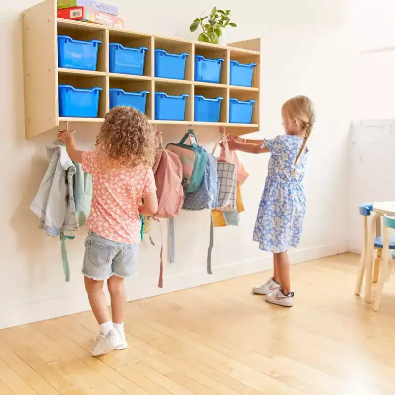 Casillero para abrigos colgante ECR4Kids de 10 secciones con estante y 10 compartimentos frontales tipo pala, almacenamiento tipo cubículo