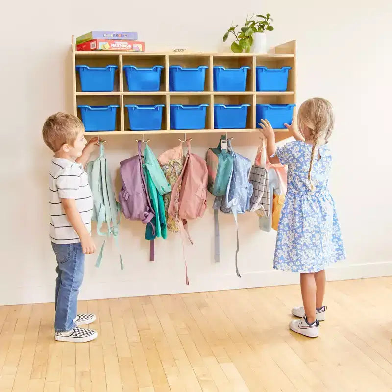 Casillero para abrigos colgante ECR4Kids de 10 secciones con estante y 10 compartimentos frontales tipo pala, almacenamiento tipo cubículo
