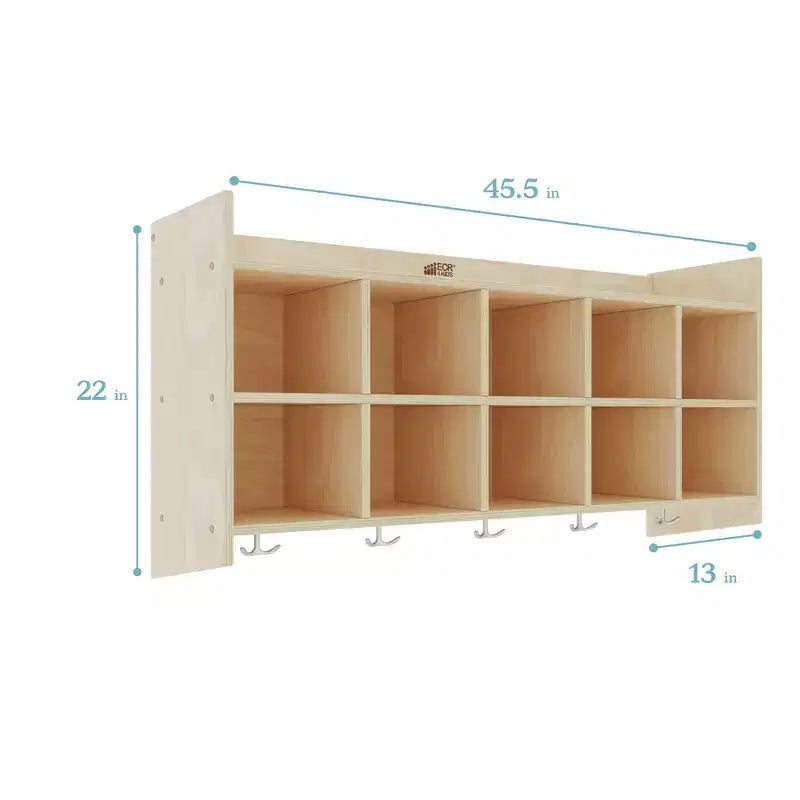 Casillero para abrigos colgante ECR4Kids de 10 secciones con estante y 10 compartimentos frontales tipo pala, almacenamiento tipo cubículo