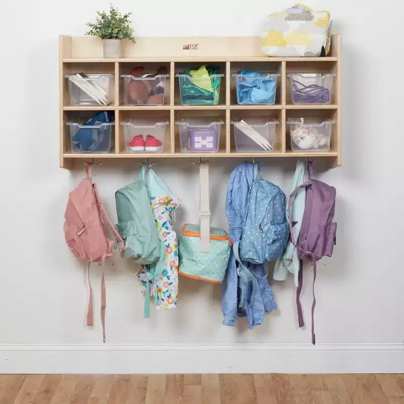Casillero para abrigos colgante ECR4Kids de 10 secciones con estante y 10 compartimentos frontales tipo pala, almacenamiento tipo cubículo