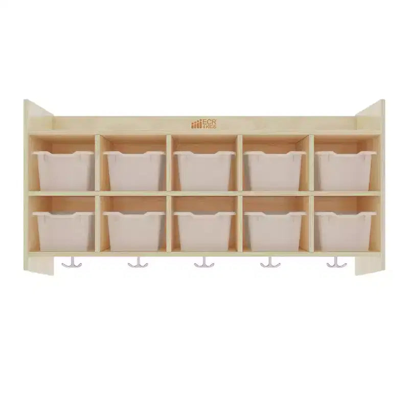 Casillero para abrigos colgante ECR4Kids de 10 secciones con estante y 10 compartimentos frontales tipo pala, almacenamiento tipo cubículo
