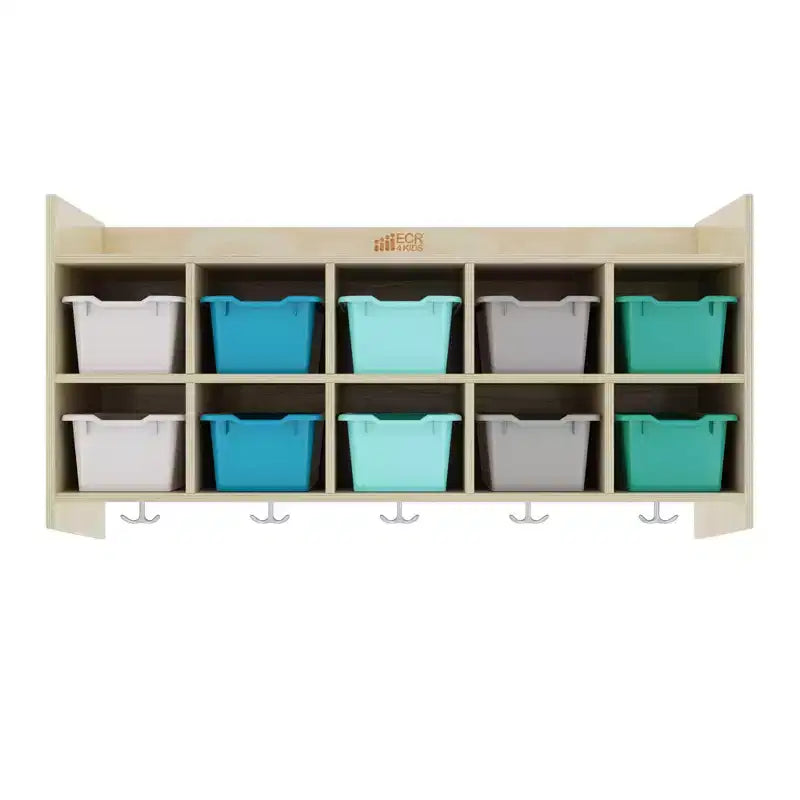 Casillero para abrigos colgante ECR4Kids de 10 secciones con estante y 10 compartimentos frontales tipo pala, almacenamiento tipo cubículo