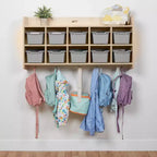 Casillero para abrigos colgante ECR4Kids de 10 secciones con estante y 10 compartimentos frontales tipo pala, almacenamiento tipo cubículo
