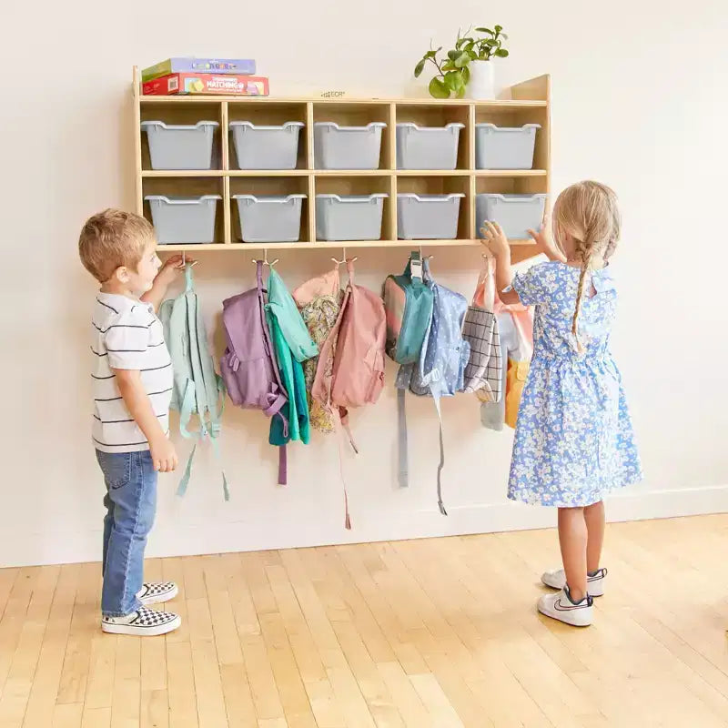 Casillero para abrigos colgante ECR4Kids de 10 secciones con estante y 10 compartimentos frontales tipo pala, almacenamiento tipo cubículo
