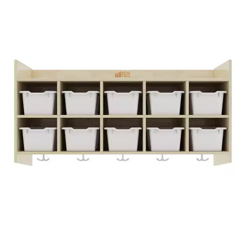 Casillero para abrigos colgante ECR4Kids de 10 secciones con estante y 10 compartimentos frontales tipo pala, almacenamiento tipo cubículo