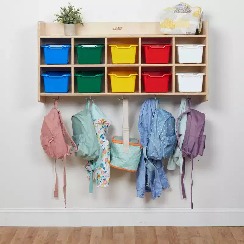Casillero para abrigos colgante ECR4Kids de 10 secciones con estante y 10 compartimentos frontales tipo pala, almacenamiento tipo cubículo