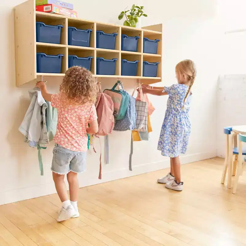 Casillero para abrigos colgante ECR4Kids de 10 secciones con estante y 10 compartimentos frontales tipo pala, almacenamiento tipo cubículo