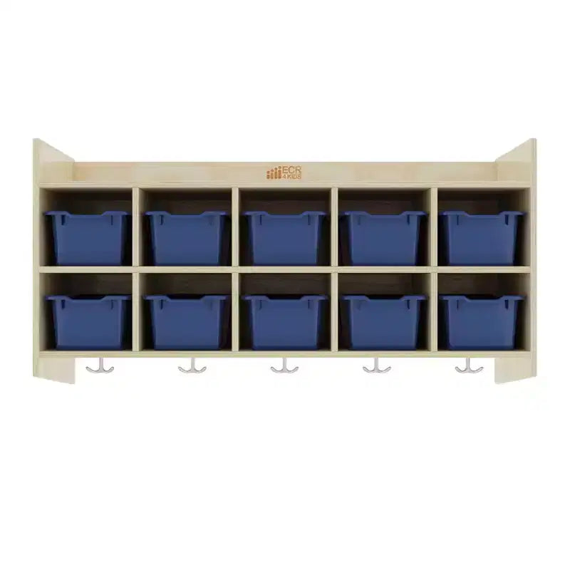 Casillero para abrigos colgante ECR4Kids de 10 secciones con estante y 10 compartimentos frontales tipo pala, almacenamiento tipo cubículo