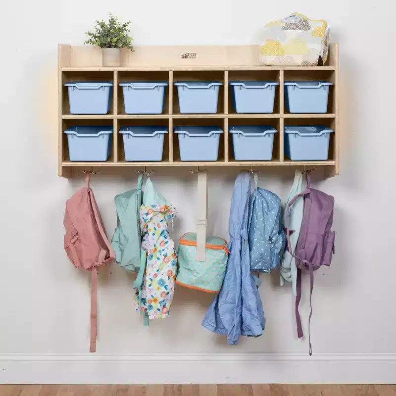 Casillero para abrigos colgante ECR4Kids de 10 secciones con estante y 10 compartimentos frontales tipo pala, almacenamiento tipo cubículo