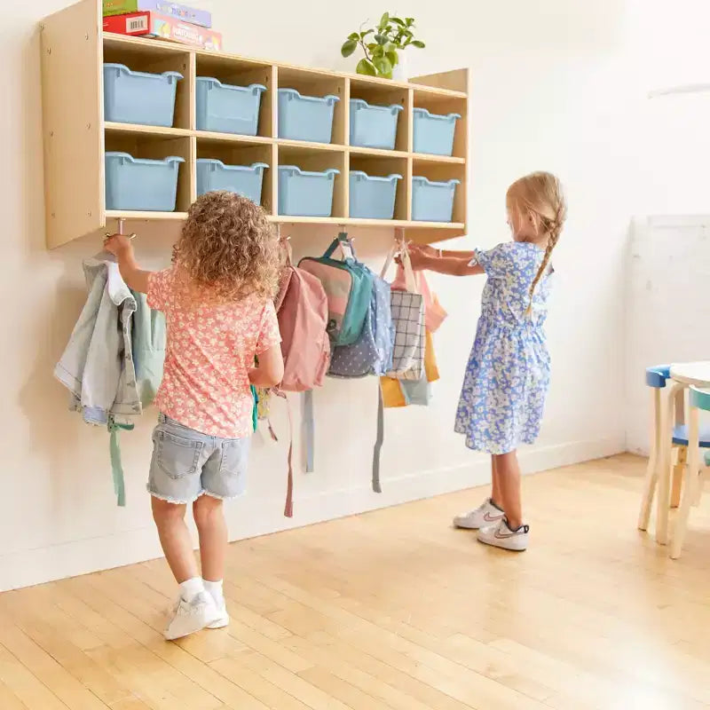 Casillero para abrigos colgante ECR4Kids de 10 secciones con estante y 10 compartimentos frontales tipo pala, almacenamiento tipo cubículo