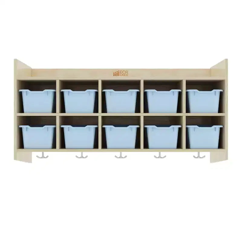 Casillero para abrigos colgante ECR4Kids de 10 secciones con estante y 10 compartimentos frontales tipo pala, almacenamiento tipo cubículo